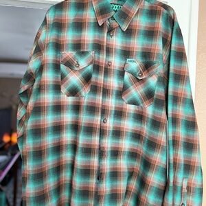 DIXXON Men's Casual Button Down Shirt - Teal and Brown Plaid